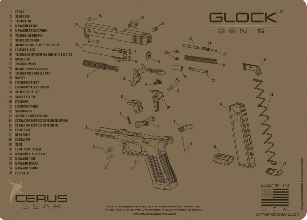 Glock Gen 5 schematic handgun mat tan Cerus